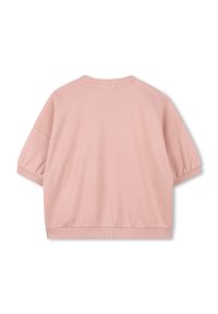 Roze sweatshirt met korte mouwen en een ronde halslijn. Heeft een relaxed fit en een ribbelrand. Gemaakt van zachte, gestructureerde stof.
