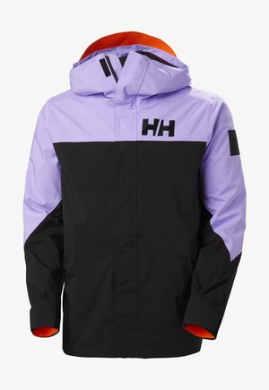 Farbblockierte Jacke in Lavendel und Schwarz mit orangefarbener Fütterung. Verfügt über eine Kapuze, einen Reißverschluss und ein auffälliges Logo auf der Brust. Wasserabweisendes Material.