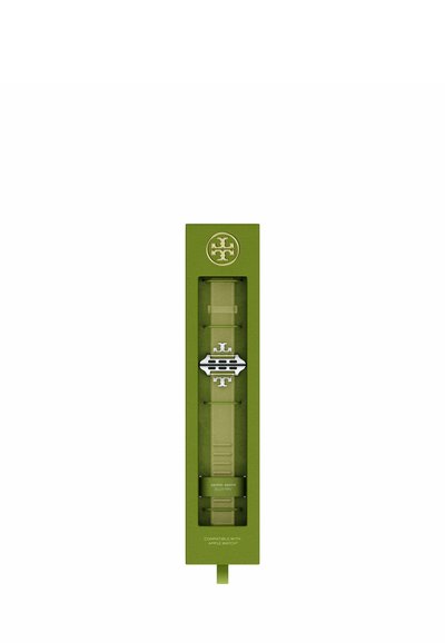 Bracelet de montre en silicone vert olive avec boucle argentée, emballé dans une boîte verte assortie étiquetée compatible avec Apple Watch 38mm-46mm.