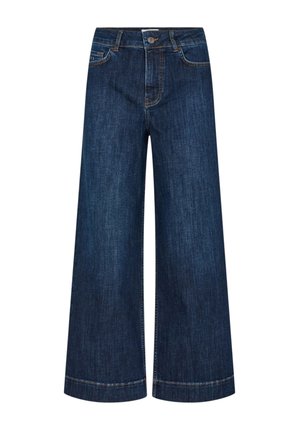 Sötétkék, széles szárú farmernadrág elől gombos, cipzáras záródással, övbújtatókkal, valamint első és hátsó zsebekkel.