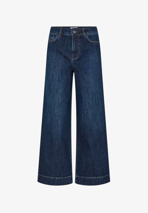 Donkerblauwe jeans met wijd uitlopende pijpen, een knoopsluiting aan de voorkant, ritssluiting, riemlussen en zakken aan zowel de voor- als achterkant.