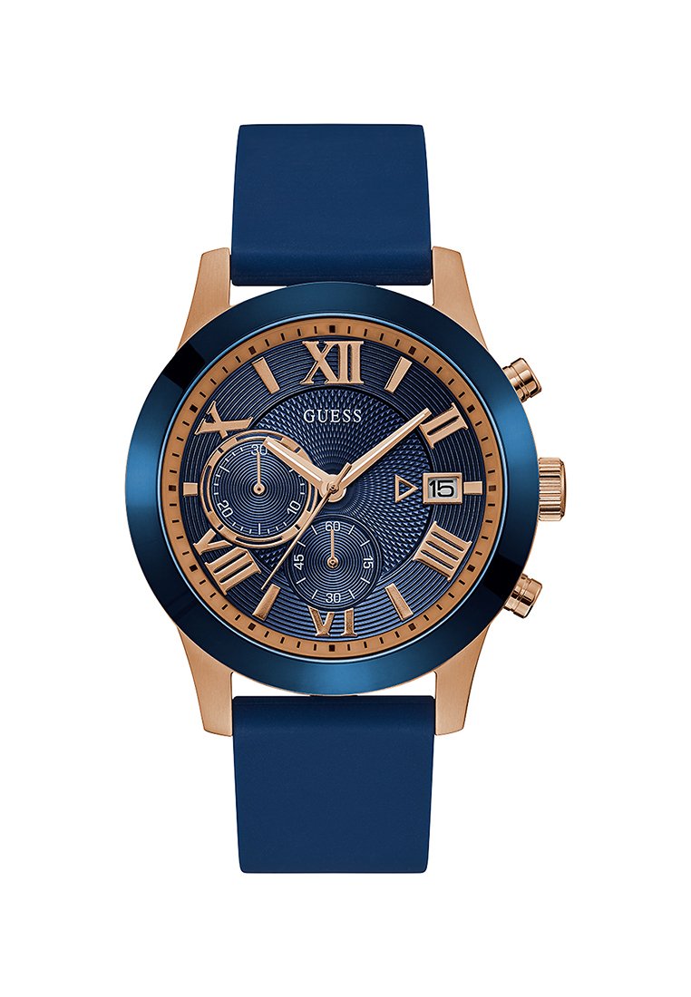 Blaue Silikonarmbanduhr mit einem runden Ziffernblatt in Marineblau und Roségold, das römische Ziffern, Unterziffern und ein Datumsfenster enthält.