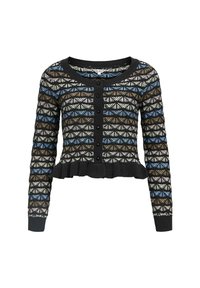 Un cardigan noir avec un motif géométrique en bleu, marron et blanc. Il a des manches longues, un col rond et un ourlet à volants.