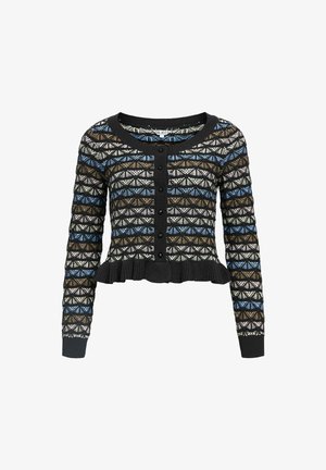 Cardigan nero con un motivo geometrico in blu, marrone e bianco. Ha maniche lunghe, un collo rotondo e un orlo arricciato.