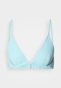 Top de bikini albastru deschis cu dungi, cu bretele subțiri reglabile și o închizătoare argintie în spate, având o formă triunghiulară și o textură moale.