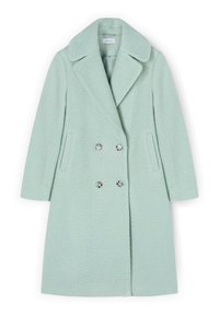 Abrigo de mezcla de lana color verde menta con acabado texturizado, botones cruzados, cuello con muesca y bolsillos laterales. Mangas largas y corte a la altura de la rodilla.