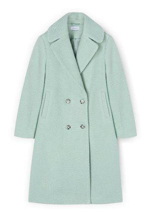 Cappotto verde menta in misto lana con finitura testurizzata, bottoni doppiopetto, collo con risvolto e tasche laterali. Maniche lunghe e taglio al ginocchio.