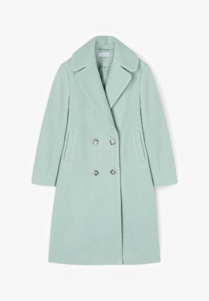 Miętowo-zielony płaszcz z mieszanki wełny o fakturowanym wykończeniu, z dwurzędowymi guzikami, kołnierzem z wycięciami oraz bocznymi kieszeniami. Długie rękawy i długość sięgająca kolan.