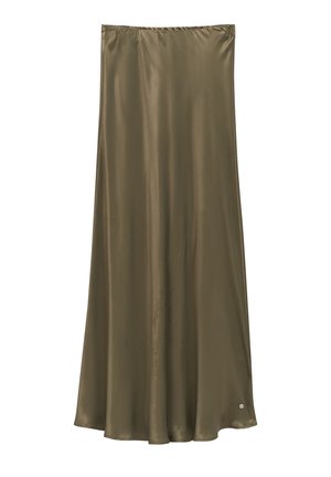 Olive green, satin maxi skirt with an elastic waistband, flowing design, and a subtle sheen. Features a small logo accent at the hem.