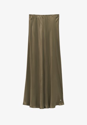 Olive green, satin maxi skirt with an elastic waistband, flowing design, and a subtle sheen. Features a small logo accent at the hem.