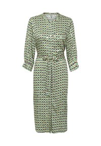 Rochie cu imprimeu dintr-un material ușor, având un design geometric în triunghiuri de culoare verde, albastru și bej, cu mâneci lungi și o curea de legat.