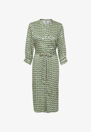 Sukienka we wzory z lekkiego materiału, z geometrycznym wzorem w trójkąty w kolorach zielonym, niebieskim i beżowym, z długimi rękawami i paskiem do wiązania.