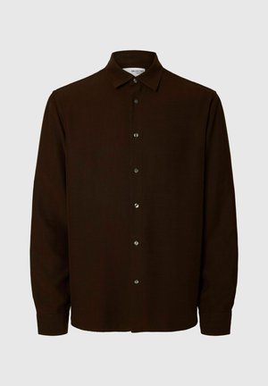 Donkerbruine lange mouwen shirt met een kraag-neklijn en een sluiting met knopen aan de voorkant, met een gladde textuur en netjes afgewerkte manchetten.