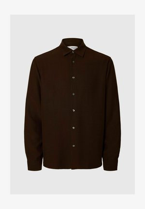 Ciemnobrązowa koszula z długim rękawem, z kołnierzykiem i zapięciem na guziki z przodu, o gładkiej fakturze i starannie wykończonych mankietach.
