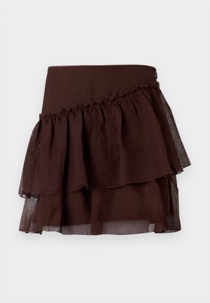 Dark brown layered mini skirt with asymmetrical ruffled detail and sheer fabric accents.