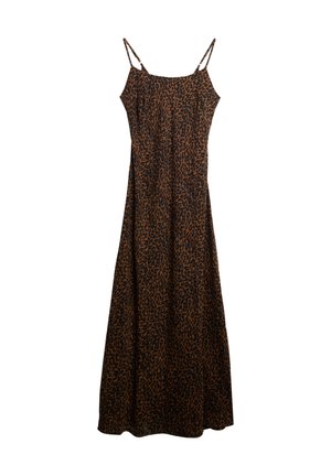 Robe maxi imprimée léopard avec des bretelles fines, couleurs marron et noir, tissu léger, silhouette fluide et décolleté droit.