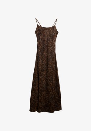 Maxi-jurk met luipaardprint, dunne schouderbandjes, bruine en zwarte kleuren, lichtgewicht stof, vloeiende silhouet en rechte halslijn.
