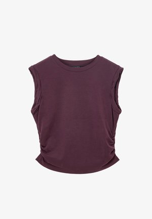 Burgunderfarbenes kurzärmeliges Oberteil mit gerafftem Seitendetail und rundem Halsausschnitt, aus weichem Stoff gefertigt, mit lockerer Passform und glatter Textur.