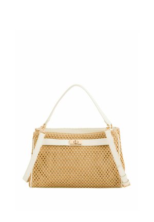Rectangular beige woven handbag with white leather trim, a top handle, adjustable shoulder strap, and a gold turn-lock clasp.