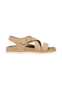 Beige suede open-toe sandal with adjustable buckle strap, back heel strap, and ridged white sole.