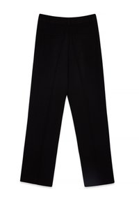 Pantalones de pierna ancha en negro, confeccionados con una tela suave, que presentan una cinturilla clásica y dos bolsillos traseros. Detalle de pliegue sutil en la parte delantera.
