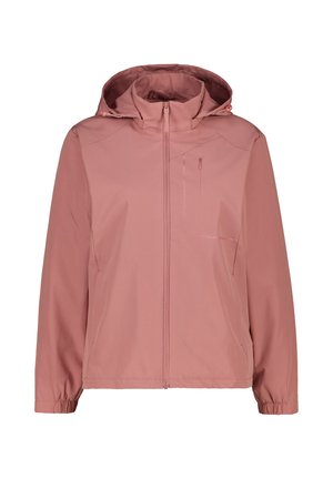 Giacca con cappuccio color rosa polvere, con cerniera frontale, tasca con cerniera sul petto, polsini elasticizzati e collo alto per protezione dal clima.