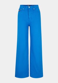 Pantalones anchos de algodón en color azul con cintura alta, que cuentan con bolsillos frontales y cierre de botón. Diseño sencillo y color brillante.