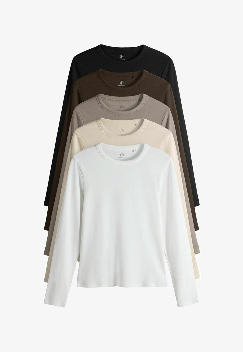 Langarm-Ripp-T-Shirts in fünf Farben: Schwarz, Dunkelbraun, Beige, Hellbraun und Weiß. Mit Rundhalsausschnitt und weichem Material.