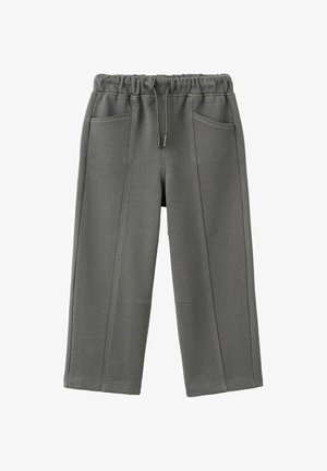 Graue Hosen mit weitem Bein, elastischem Bund, vorderem Kordelzug und zwei Vordertaschen, gestaltet für Komfort und lässiges Tragen.