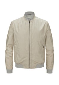 Beige Bomberjacke aus leichtem Material, mit einem Reißverschluss vorne, zwei seitlichen Taschen und gerippten Bündchen mit strukturierten Akzenten.