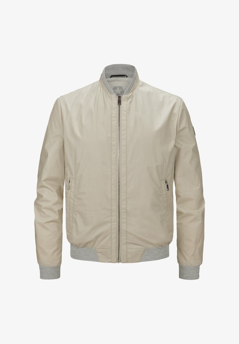 Beige Bomberjacke aus leichtem Material, mit einem Reißverschluss vorne, zwei seitlichen Taschen und gerippten Bündchen mit strukturierten Akzenten.