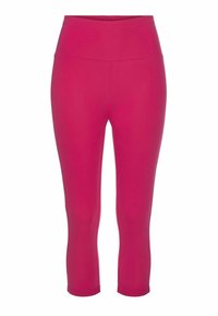 Leggings capri fuchsias avec une taille haute, présentant une texture lisse et extensible ainsi qu'une coupe ajustée. Aucuns motifs ni accessoires visibles.