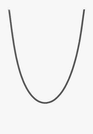 Fekete fém lánc nyaklánc sima, egyenletes textúrával és egységes szemekkel, finom ívben lóg egy fehér háttér előtt.