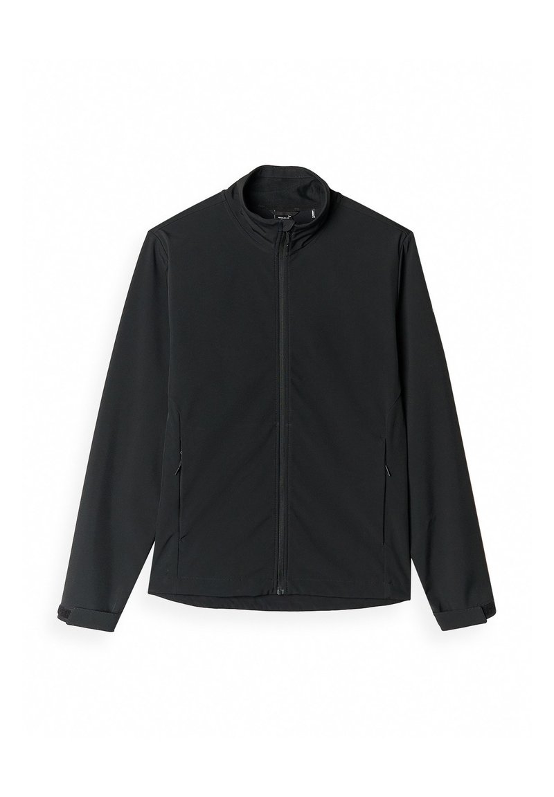 Chaqueta negra hecha de un tejido suave y ligero, con un cuello alto, cremallera frontal completa y dos bolsillos laterales. Mangas largas con puños ajustados.