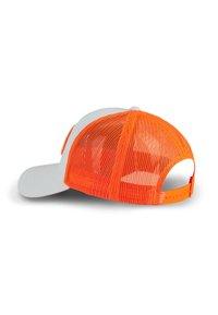 Casquette orange en maille à l'arrière avec un devant blanc, visière courbée et fermeture à snap ajustable. Matériau texturé avec ventilation.