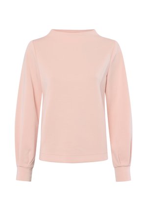 Hellrosa Langarmshirt mit hohem Kragen, aus weichem Stoff gefertigt. Verfügt über leicht gepuffte Ärmel und einen geraden Saum.