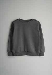 Tmavě šedá mikina s kulatým výstřihem, žebrovanými manžetami a lemem. Hladká textura s mírně volným střihem, bez viditelných vzorů či grafik.