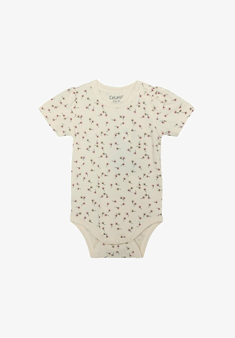 Body bébé à manches courtes de couleur crème avec un petit motif floral rose et noir, boutons-pression aux épaules et à l'entrejambe, taille 60.