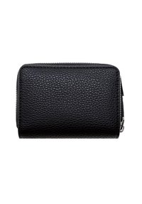 Portafoglio in pelle nera texturizzata di forma rettangolare, con chiusura a zip e dettagli di cucitura discreti lungo i bordi.