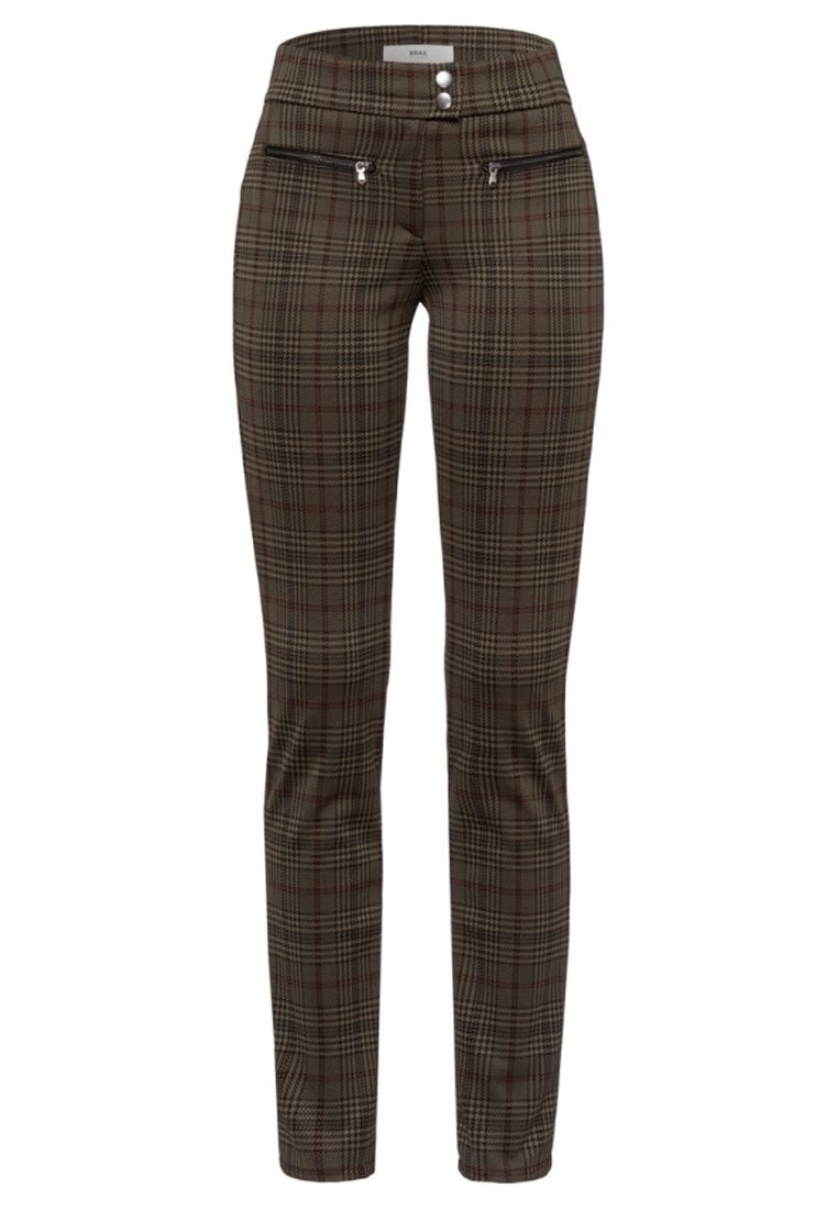 Rutig byxor i nyanser av grönt och brunt med en figurnära silhuett, dragkedjefickor och två framknappar. Strukturerad tyg med ett rutigt mönster.