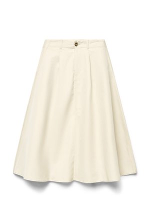 Jupe droite couleur crème longueur genou avec passants de ceinture, bouton devant et fermeture éclair dissimulée.