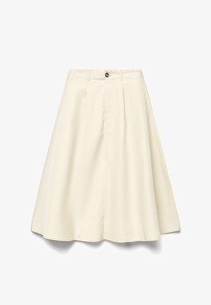 Jupe droite couleur crème longueur genou avec passants de ceinture, bouton devant et fermeture éclair dissimulée.