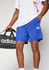Blauwe sportieve shorts met een gestructureerde stof en een adidas-logo, gecombineerd met een wit sport-T-shirt en een zwarte sporttas.