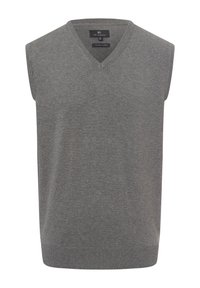 Suéter sin mangas gris hecho de algodón orgánico, con diseño de cuello en V y dobladillo acanalado. Textura lisa sin estampados ni adornos.