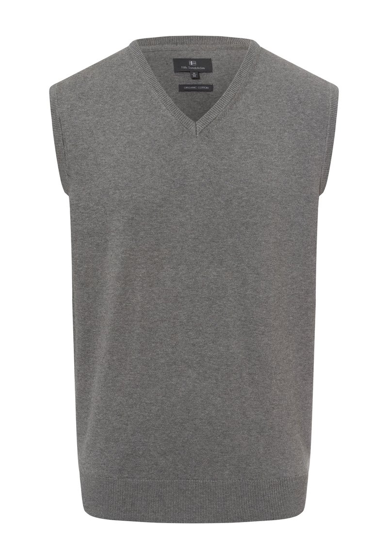 Suéter sin mangas gris hecho de algodón orgánico, con diseño de cuello en V y dobladillo acanalado. Textura lisa sin estampados ni adornos.