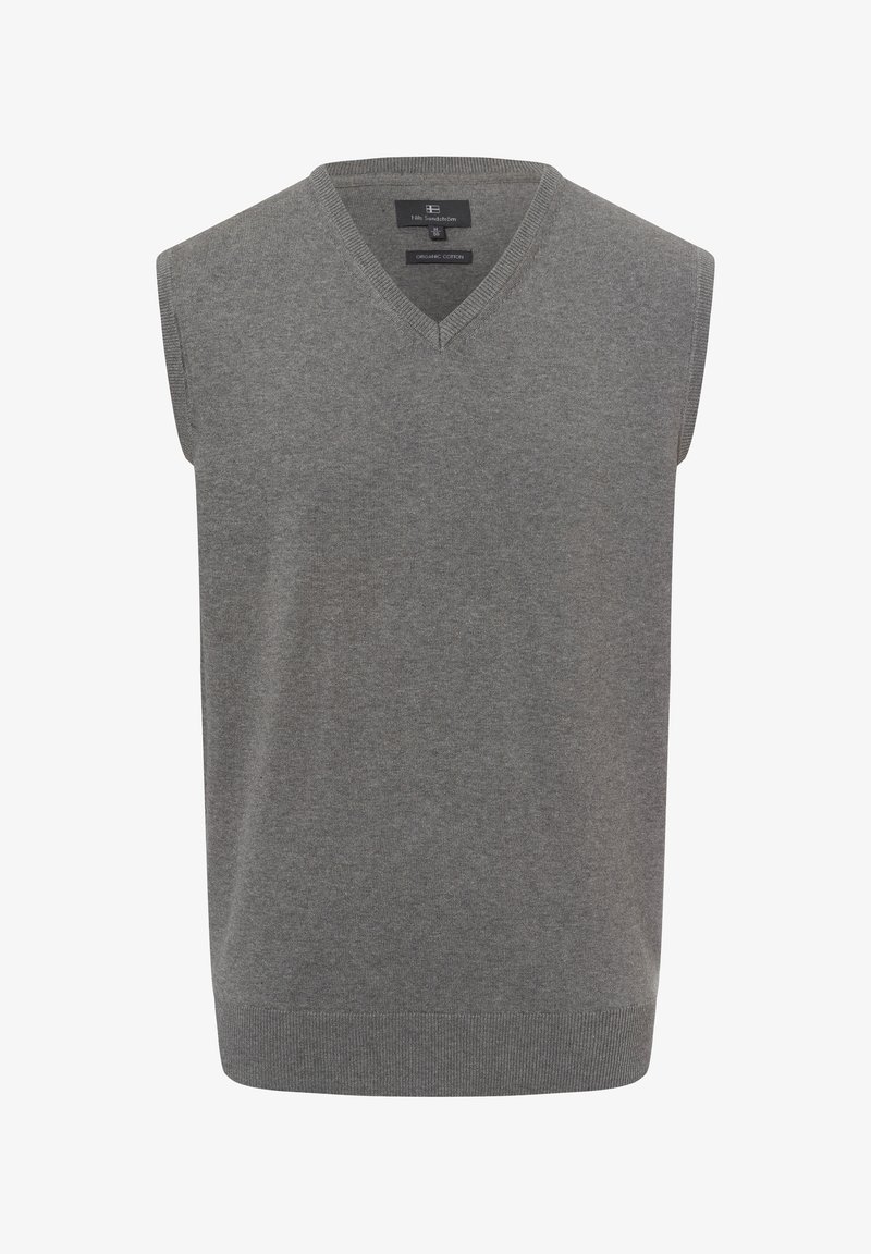 Suéter sin mangas gris hecho de algodón orgánico, con diseño de cuello en V y dobladillo acanalado. Textura lisa sin estampados ni adornos.