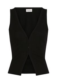 Gilet senza maniche nero con scollo a V e design aderente. Realizzato in tessuto a costine, presenta un'apertura frontale e delle cuciture sottili per dare forma.