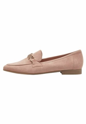 Pink suede loafers featuring a flat heel, pointed toe, and decorative hardware on the upper. Smooth texture with minimalistic design.