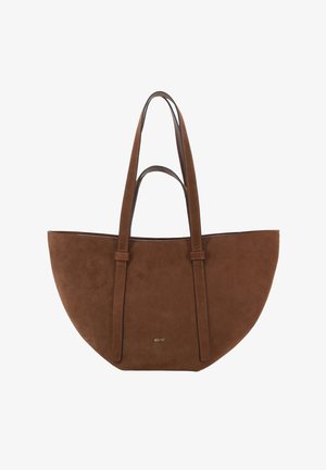Brown suede tote bag with a rounded shape, dual handles, and contrast stitching. Features a subtle brand logo at the bottom.