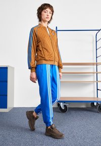 Brown patterned zip jacket with blue stripes, paired with blue sweatpants featuring white side stripes. Brown sneakers complete the outfit.